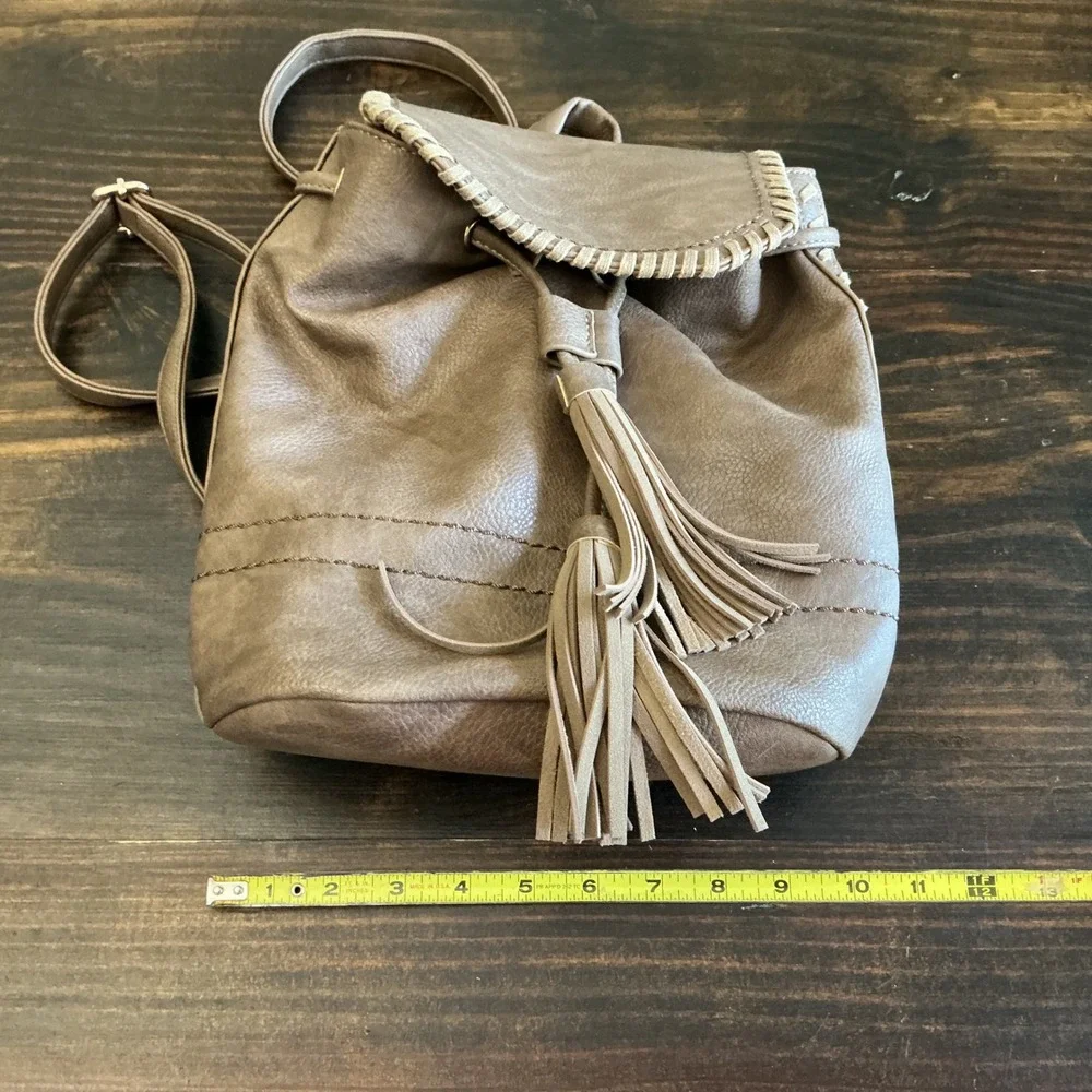 Brown Faux Leather Mini Backpack Tassel Whipstitch Boho Drawstring Bag